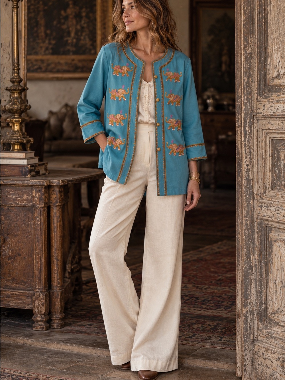 Bob MACKIE Wearable Art Elephant Embroidered Jacket XL Jacket Turquoise 80-90's